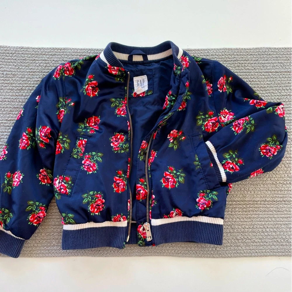 GAP Kids Navy Blue Rose Floral Silky Bomber Jacket Size XS (4-5)